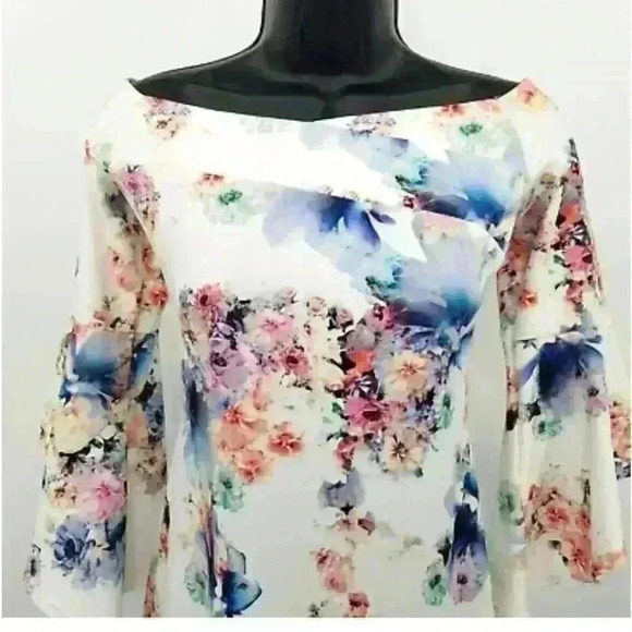 Bebe Ivory Multi Pink Blue Floral Off Shoulder Bell Sleeve Dress - Picture 3 of 7